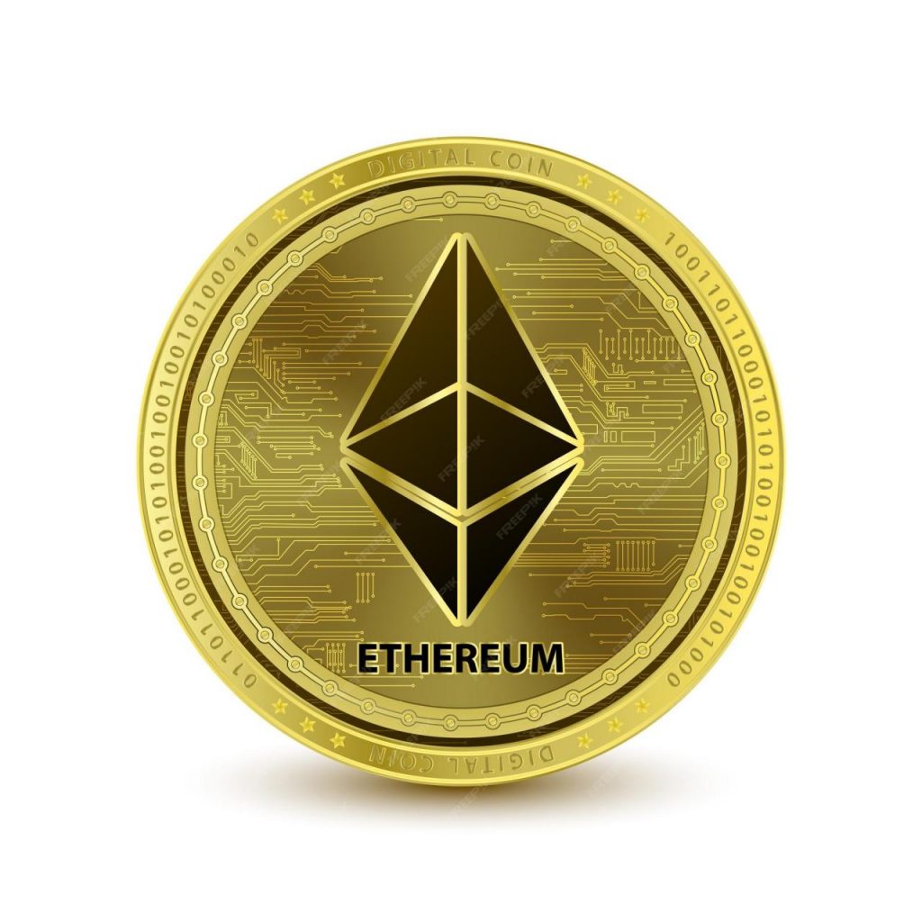 Moneda de oro Ethereum (ETH) sobre fondo blanco criptomoneda blockchain ...